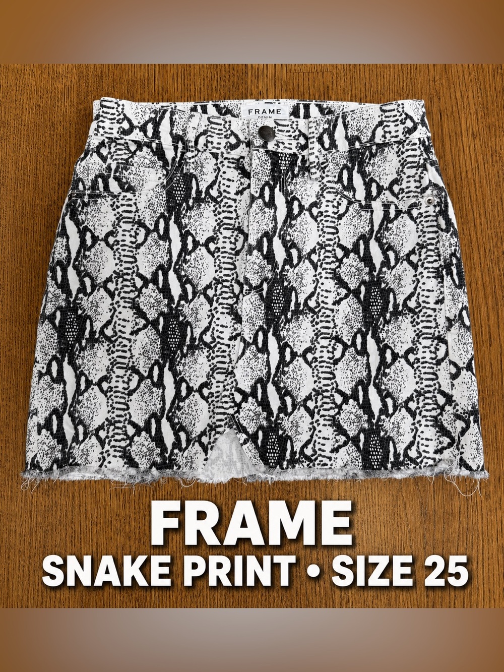 FRAME Le Mini Snake Print Frayed Denim Skirt Size 25